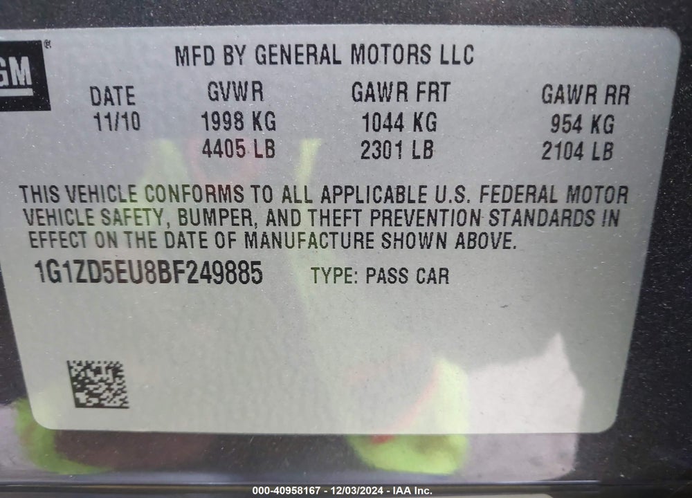 2011 CHEVROLET MALIBU 2LT VIN: 1G1ZD5EU8BF249885