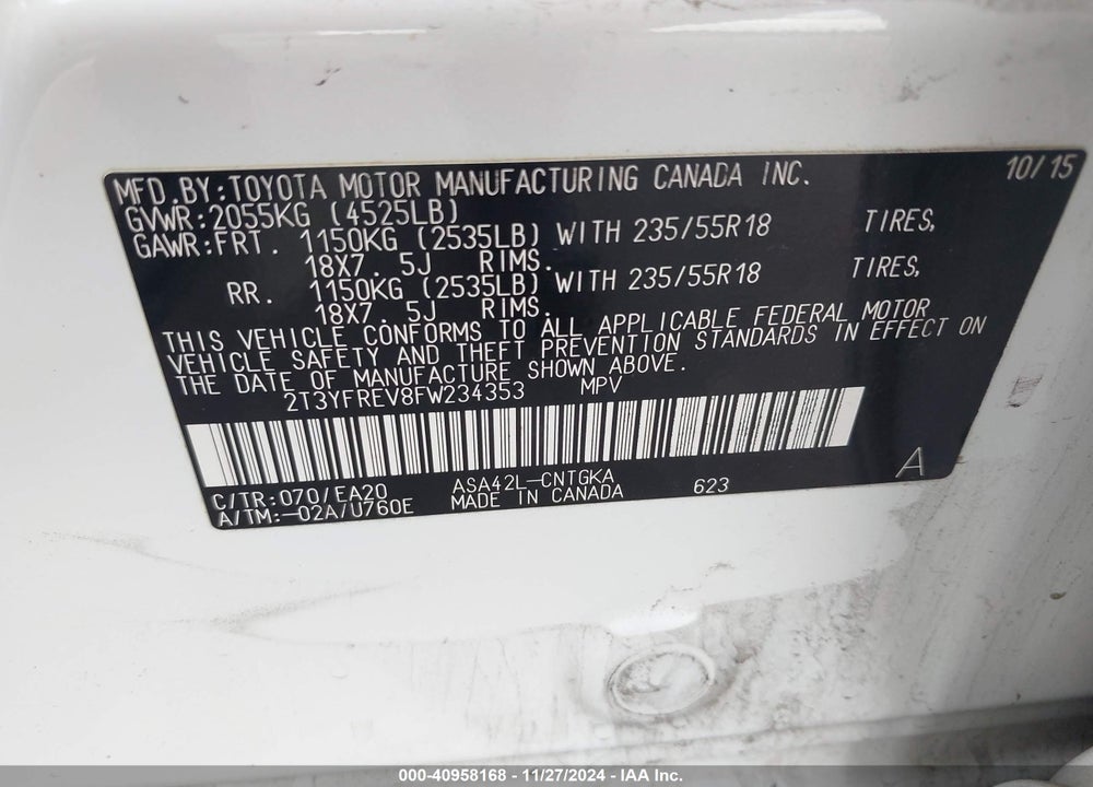 2015 TOYOTA RAV4 LIMITED VIN: 2T3YFREV8FW234353