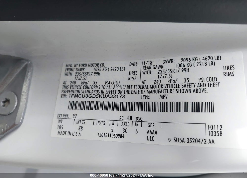 2019 FORD ESCAPE SE VIN: 1FMCU0GD5KUA33173