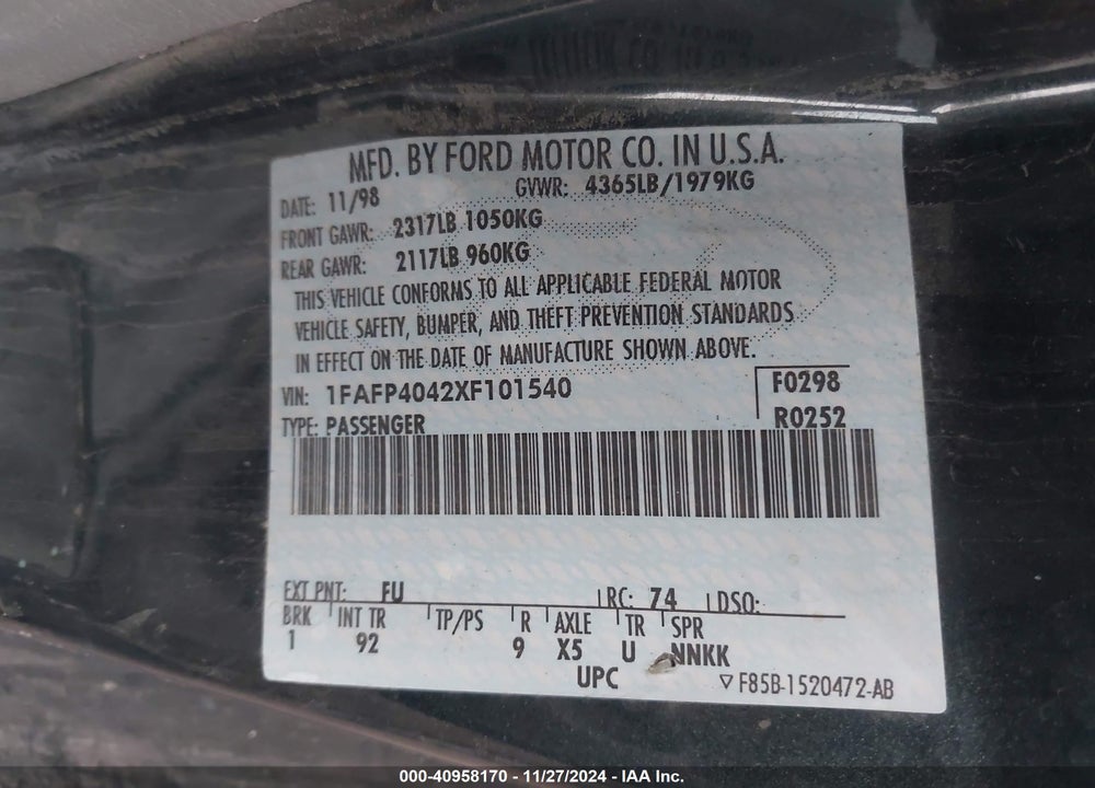 1999 FORD MUSTANG VIN: 1FAFP4042XF101540