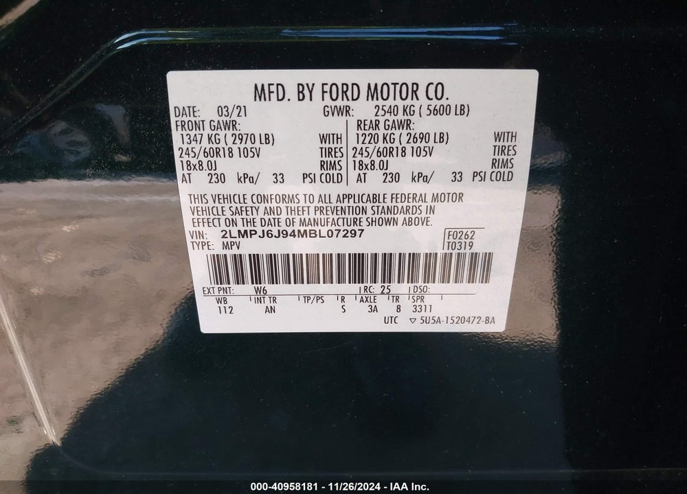 2021 LINCOLN NAUTILUS STANDARD VIN: 2LMPJ6J94MBL07297