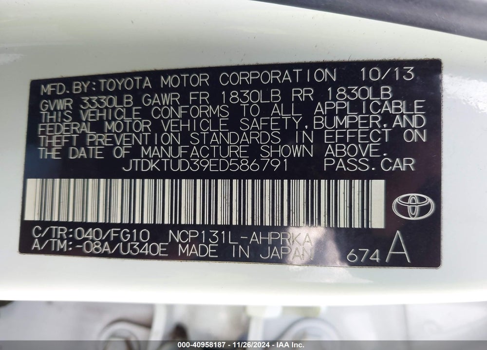 2014 TOYOTA YARIS VIN: JTDKTUD39ED586791