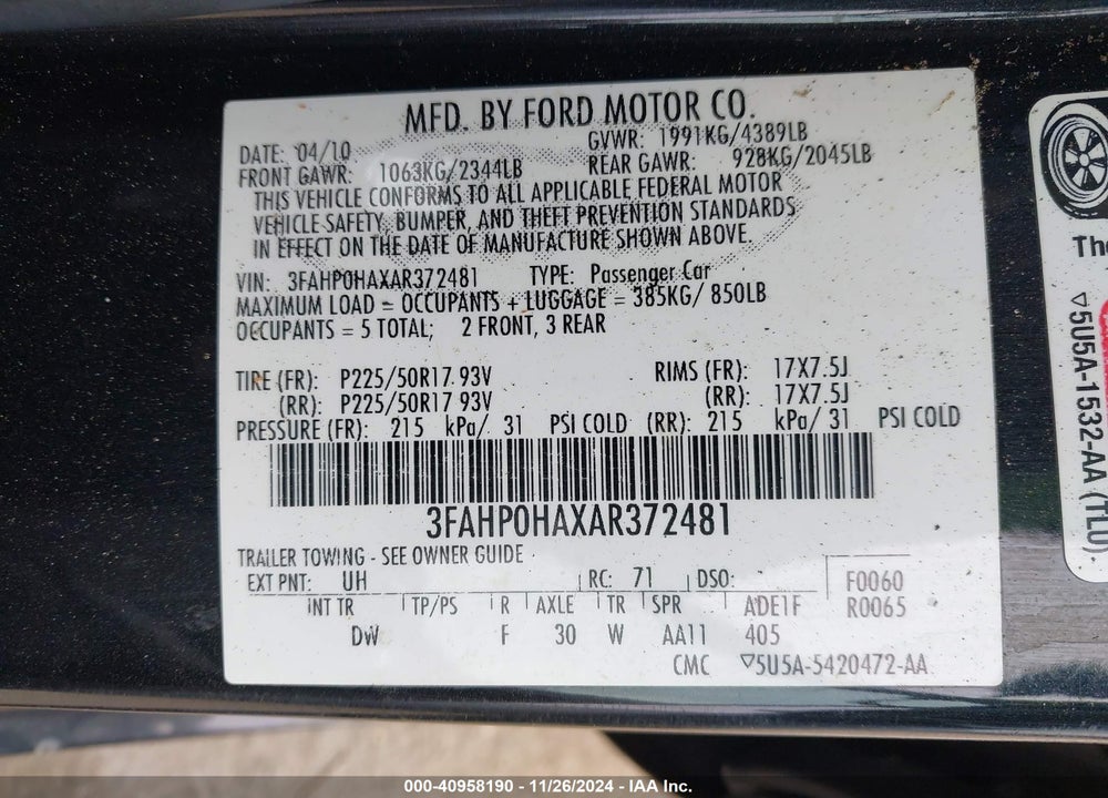 2010 FORD FUSION SE VIN: 3FAHP0HAXAR372481