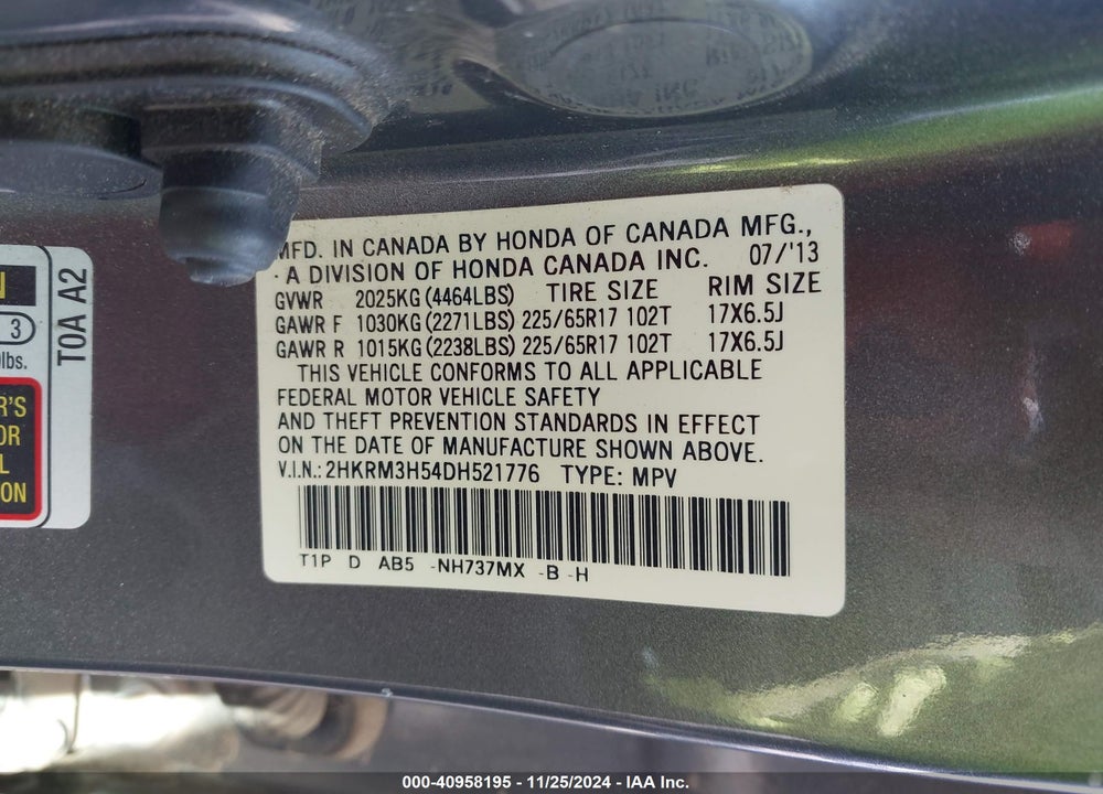 2013 HONDA CR-V EX VIN: 2HKRM3H54DH521776