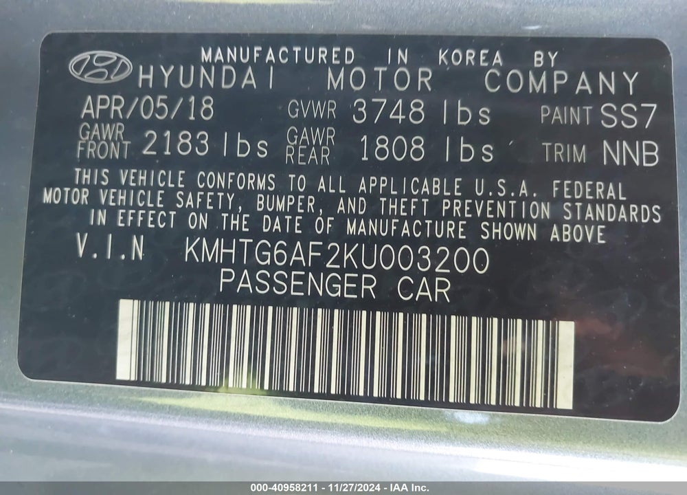 2019 HYUNDAI VELOSTER 2.0 VIN: KMHTG6AF2KU003200