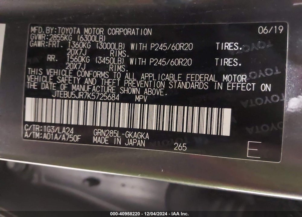 2019 TOYOTA 4RUNNER LIMITED VIN: JTEBU5JR7K5725684