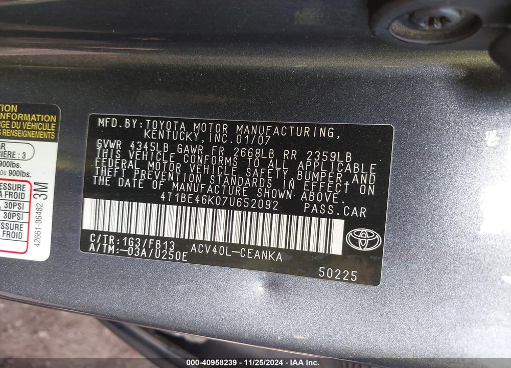 2007 TOYOTA CAMRY LE VIN: 4T1BE46K07U652092