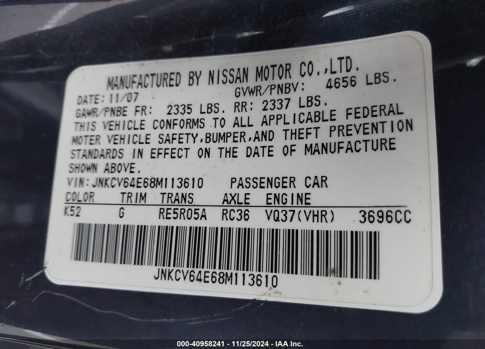 2008 INFINITI G37 JOURNEY VIN: JNKCV64E68M113610