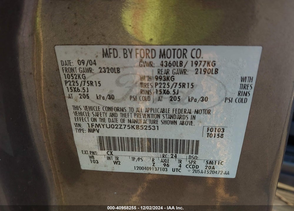 2005 FORD ESCAPE XLS VIN: 1FMYU02Z75KB52531
