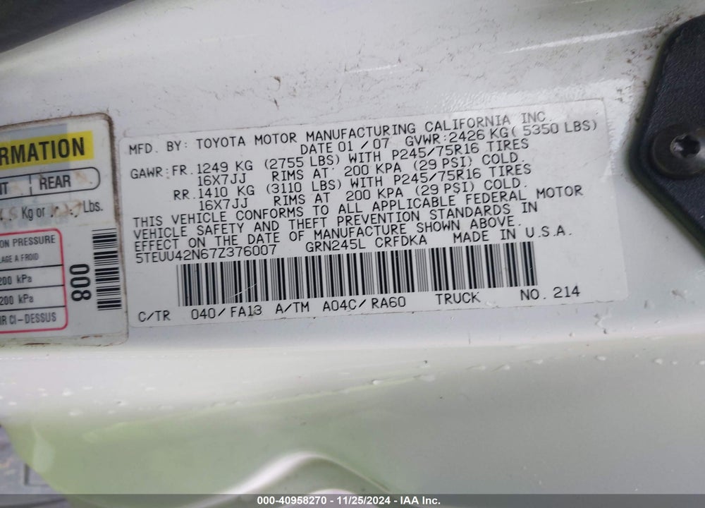 2007 TOYOTA TACOMA BASE V6 VIN: 5TEUU42N67Z376007
