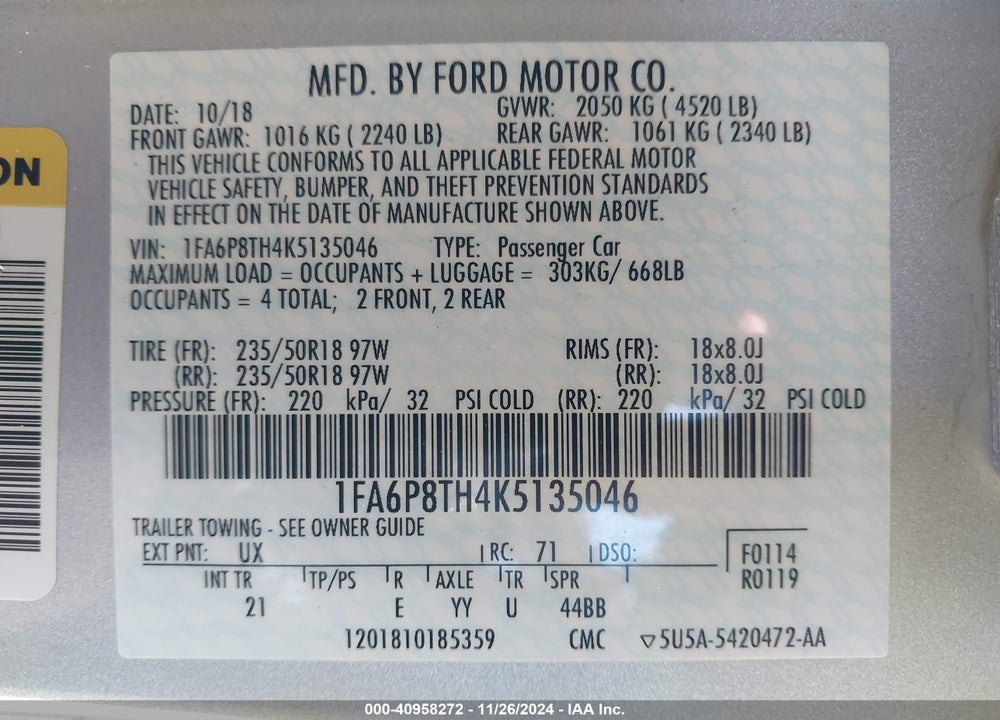 2019 FORD MUSTANG ECOBOOST VIN: 1FA6P8TH4K5135046