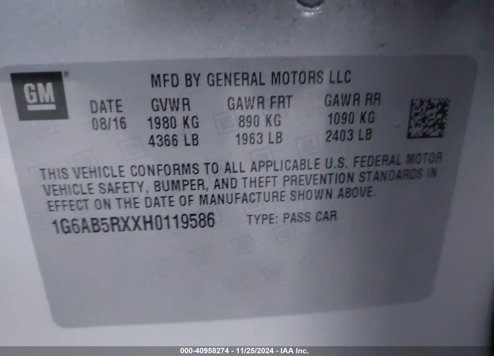 2017 CADILLAC ATS LUXURY VIN: 1G6AB5RXXH0119586