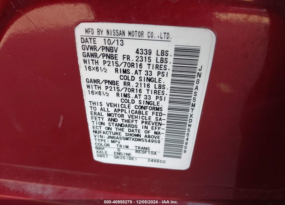 2013 NISSAN ROGUE S VIN: JN8AS5MTXDW554959