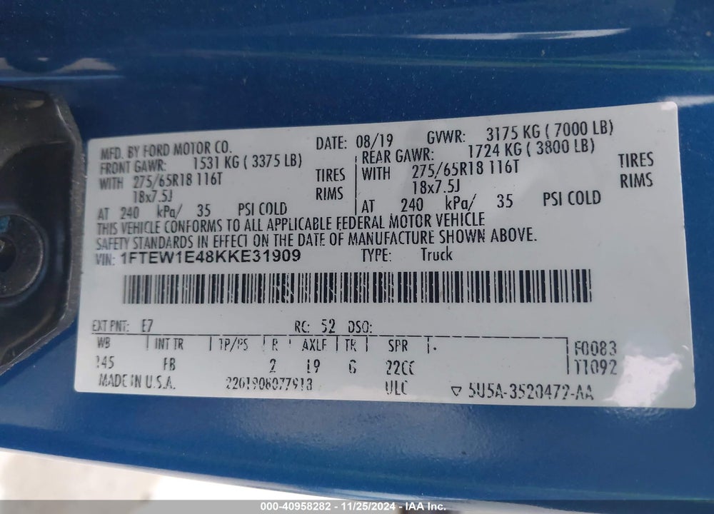 2019 FORD F-150 XLT VIN: 1FTEW1E48KKE31909