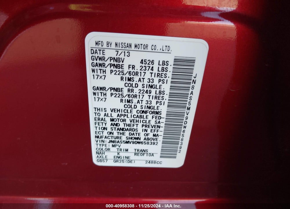 2013 NISSAN ROGUE SV VIN: JN8AS5MV9DW658392