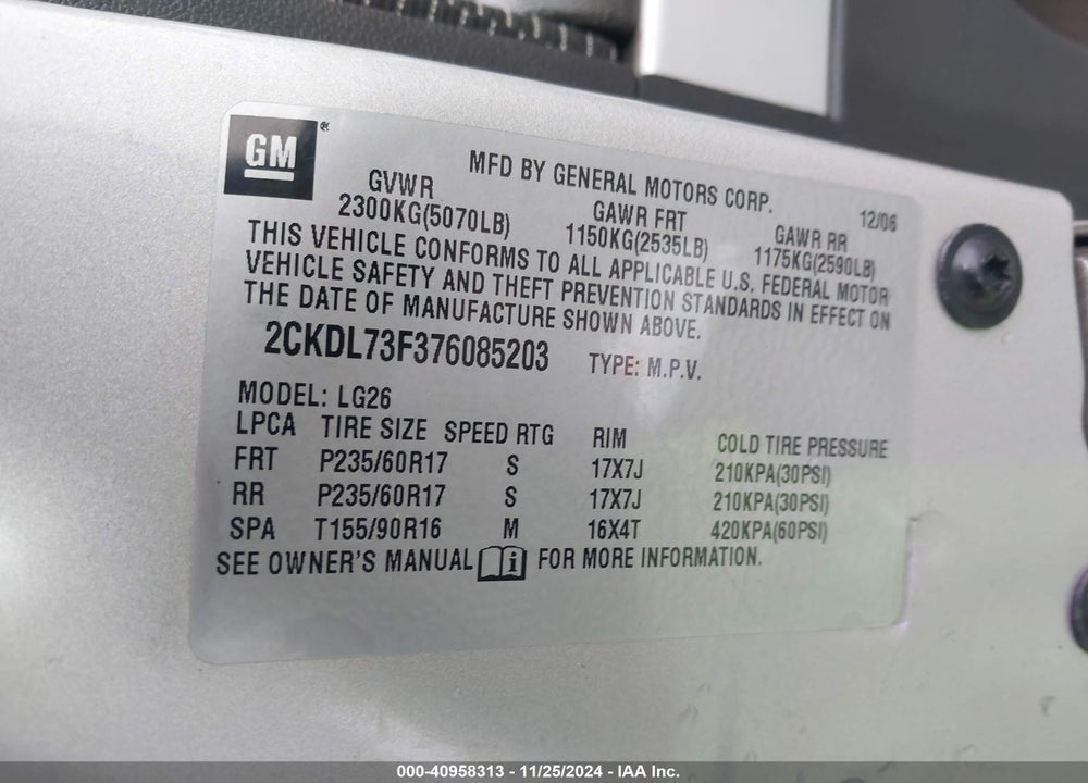 2007 PONTIAC TORRENT VIN: 2CKDL73F376085203