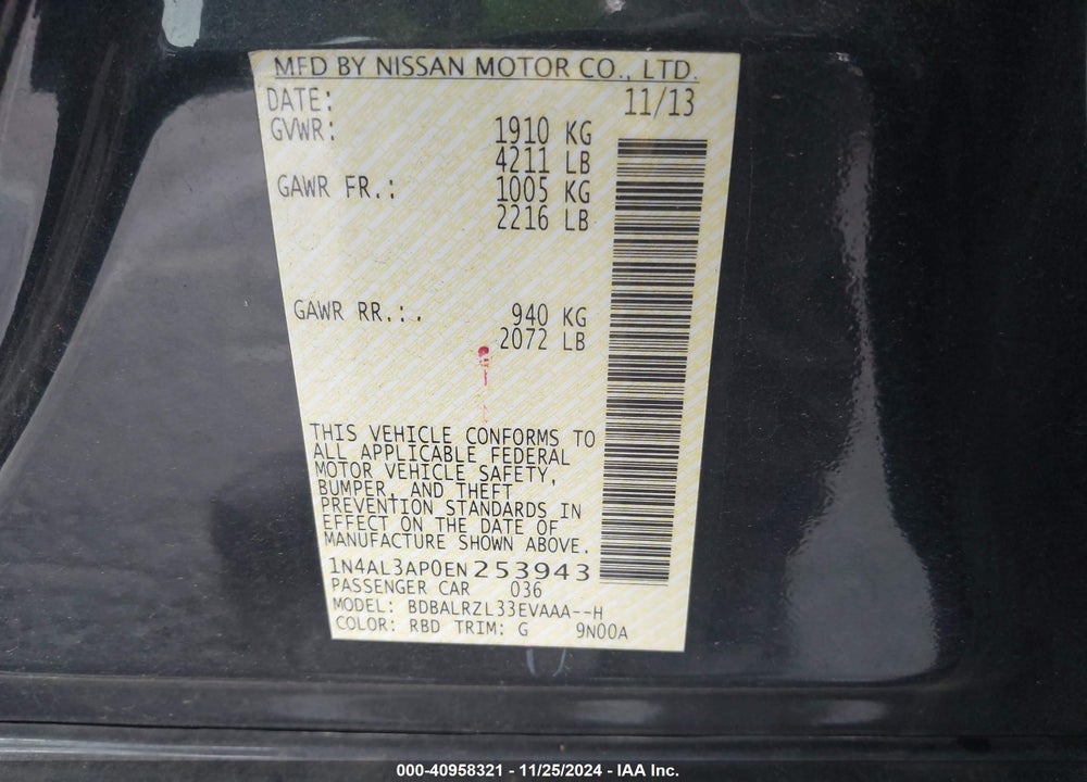 2014 NISSAN ALTIMA VIN: 1N4AL3AP0EN253943