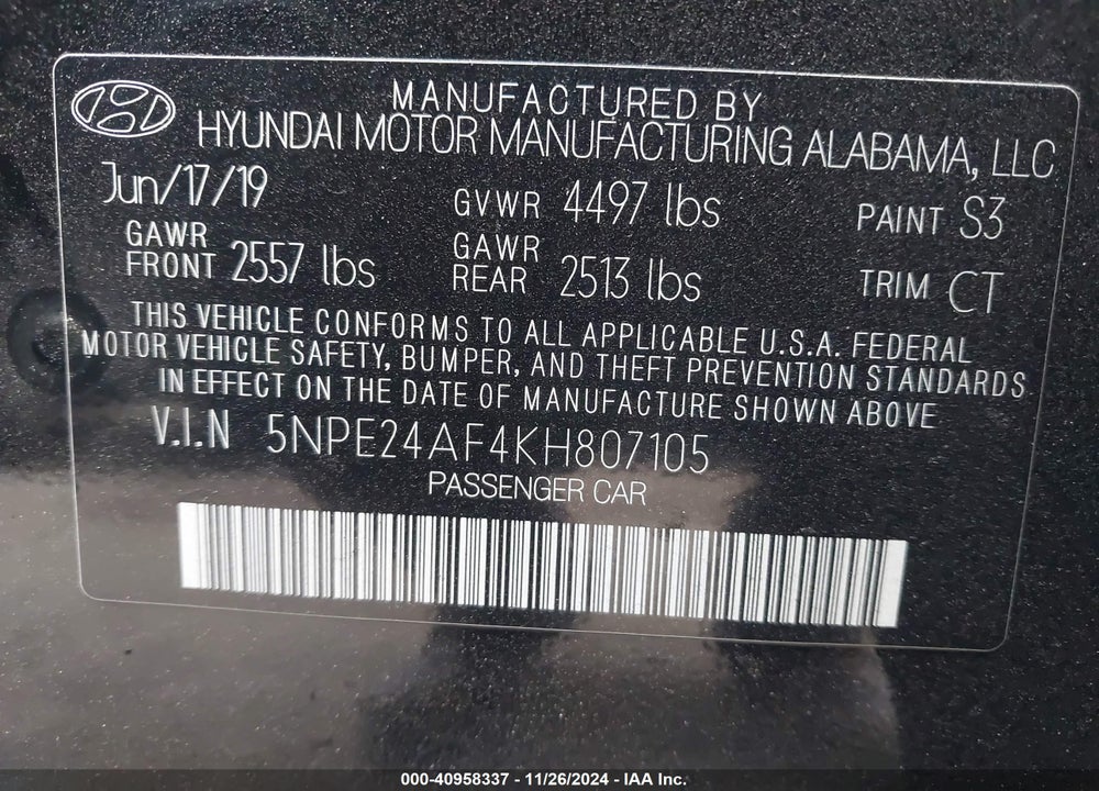 2019 HYUNDAI SONATA SE VIN: 5NPE24AF4KH807105