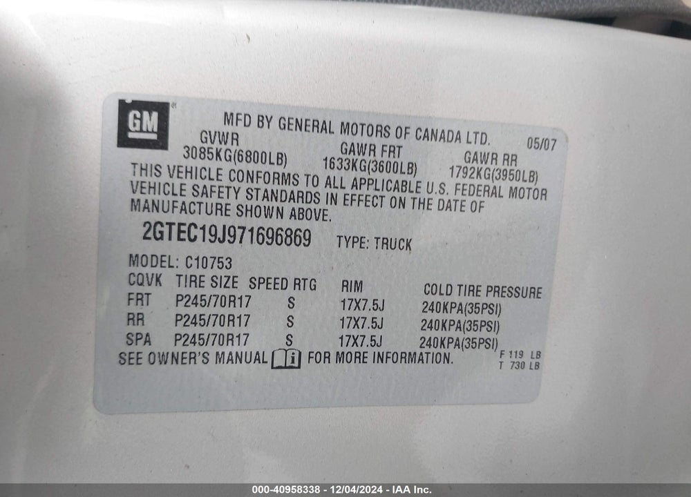2007 GMC SIERRA 1500 SLE1 VIN: 2GTEC19J971696869