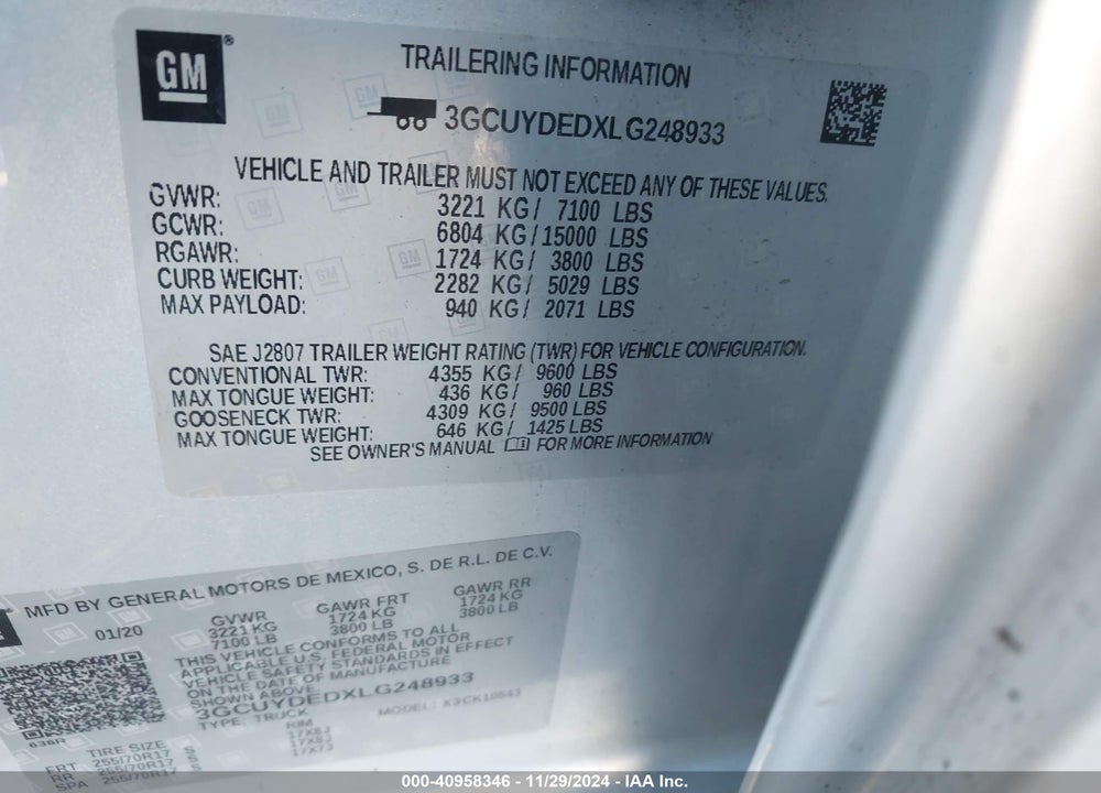 2020 CHEVROLET SILVERADO 1500 4WD SHORT BED LT VIN: 3GCUYDEDXLG248933