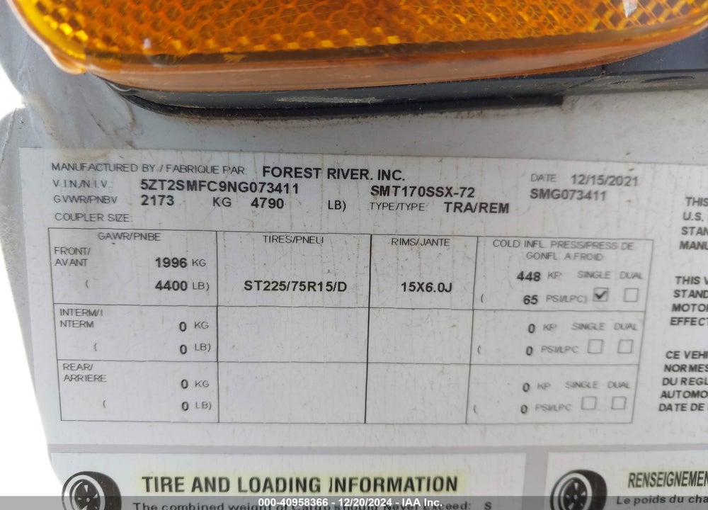 2022 SALEM TRAVEL TRAILER VIN: 5ZT2SMFC9NG073411