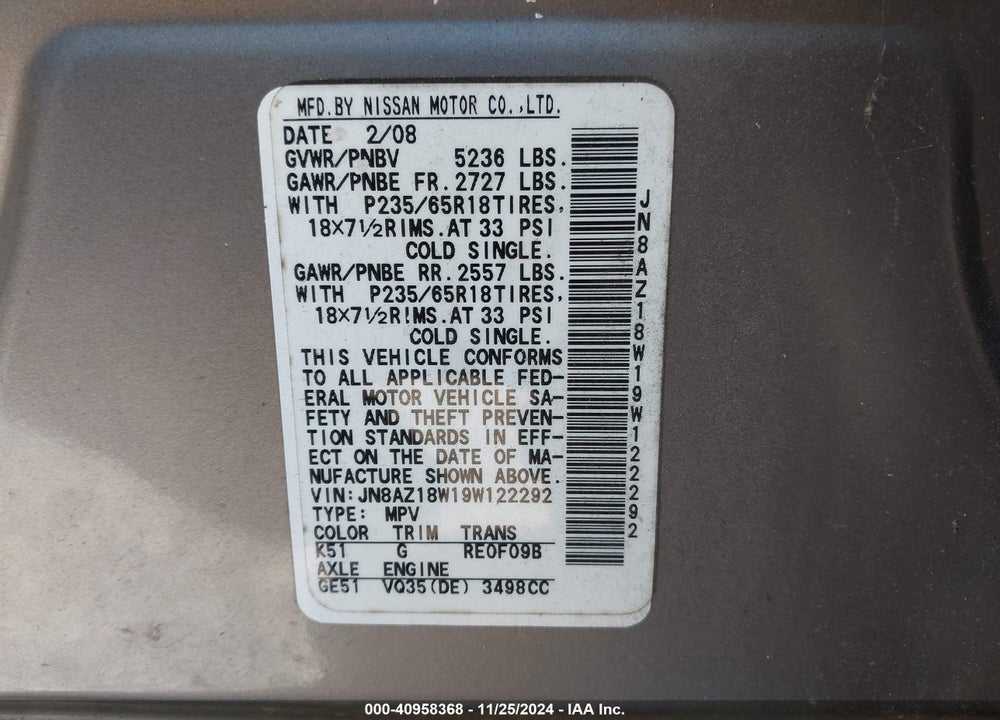 2009 NISSAN MURANO SL VIN: JN8AZ18W19W122292