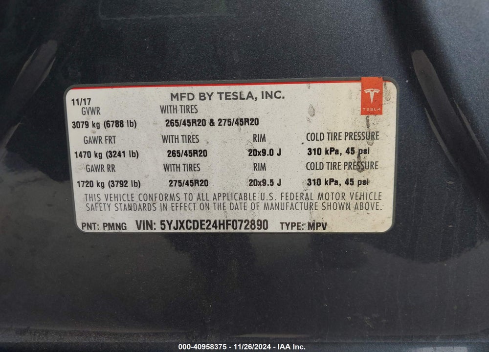 2017 TESLA MODEL X VIN: 5YJXCDE24HF072890