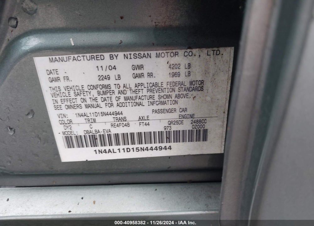 2005 NISSAN ALTIMA 2.5 S VIN: 1N4AL11D15N444944