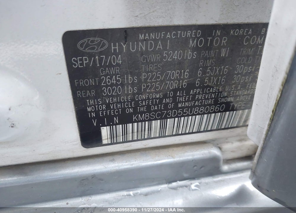 2005 HYUNDAI SANTA FE GLS VIN: KM8SC73D55U880860
