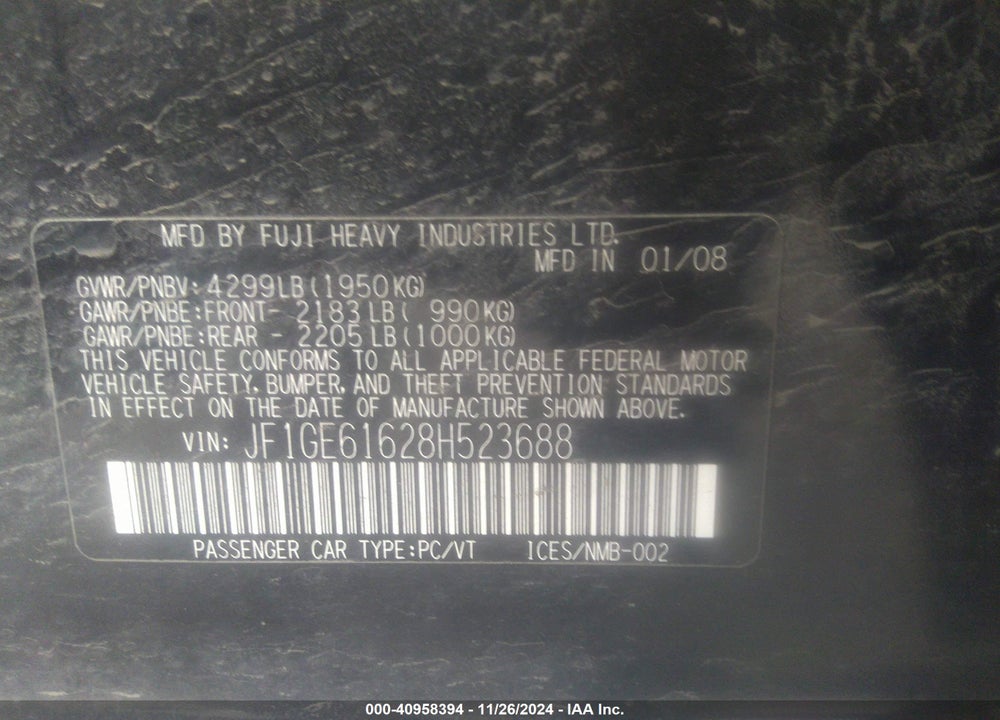 2008 SUBARU IMPREZA 2.5I VIN: JF1GE61628H523688