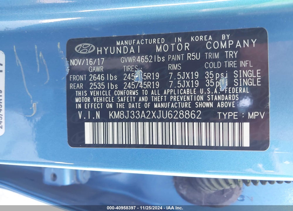 2018 HYUNDAI TUCSON VALUE VIN: KM8J33A2XJU628862