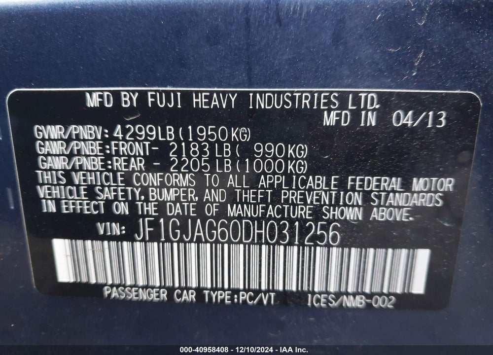 2013 SUBARU IMPREZA 2.0I LIMITED VIN: JF1GJAG60DH031256