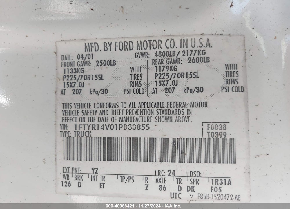 2001 RANGER FORD  EDGE/XL/XLT VIN: 1FTYR14V01PB33855