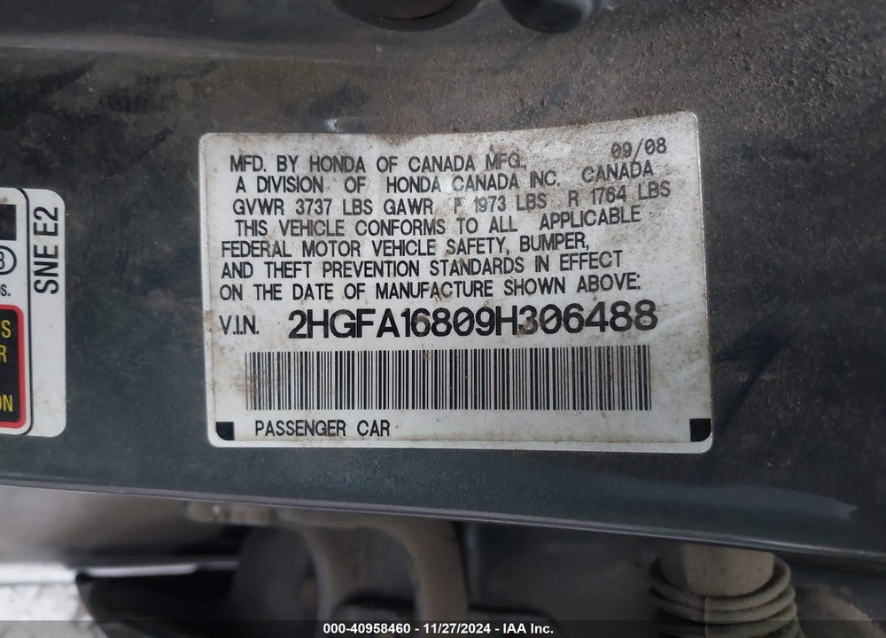 2009 HONDA CIVIC EX VIN: 2HGFA16809H306488