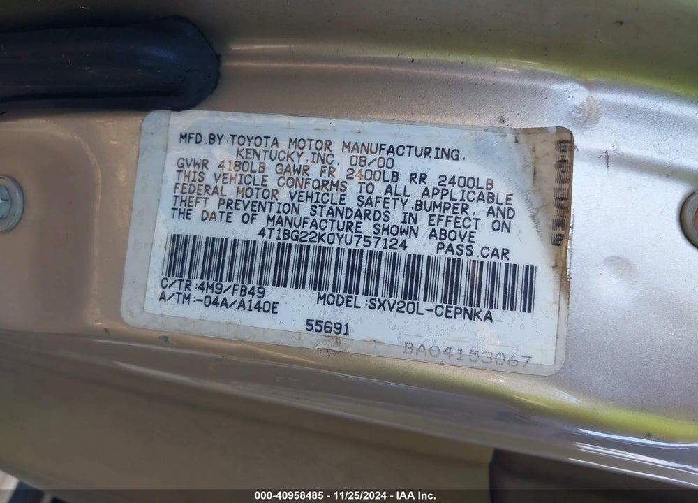 2000 TOYOTA CAMRY LE VIN: 4T1BG22K0YU757124