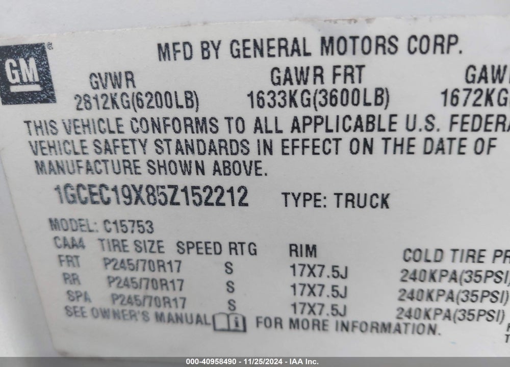 2005 CHEVROLET SILVERADO 1500 WORK TRUCK VIN: 1GCEC19X85Z152212