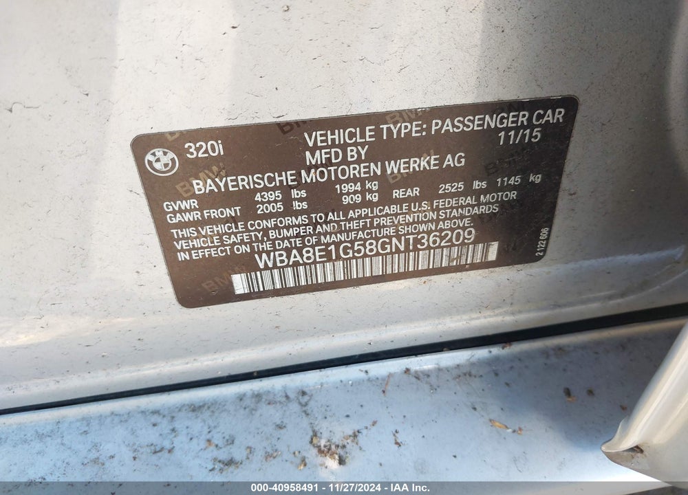 2016 BMW 320I VIN: WBA8E1G58GNT36209