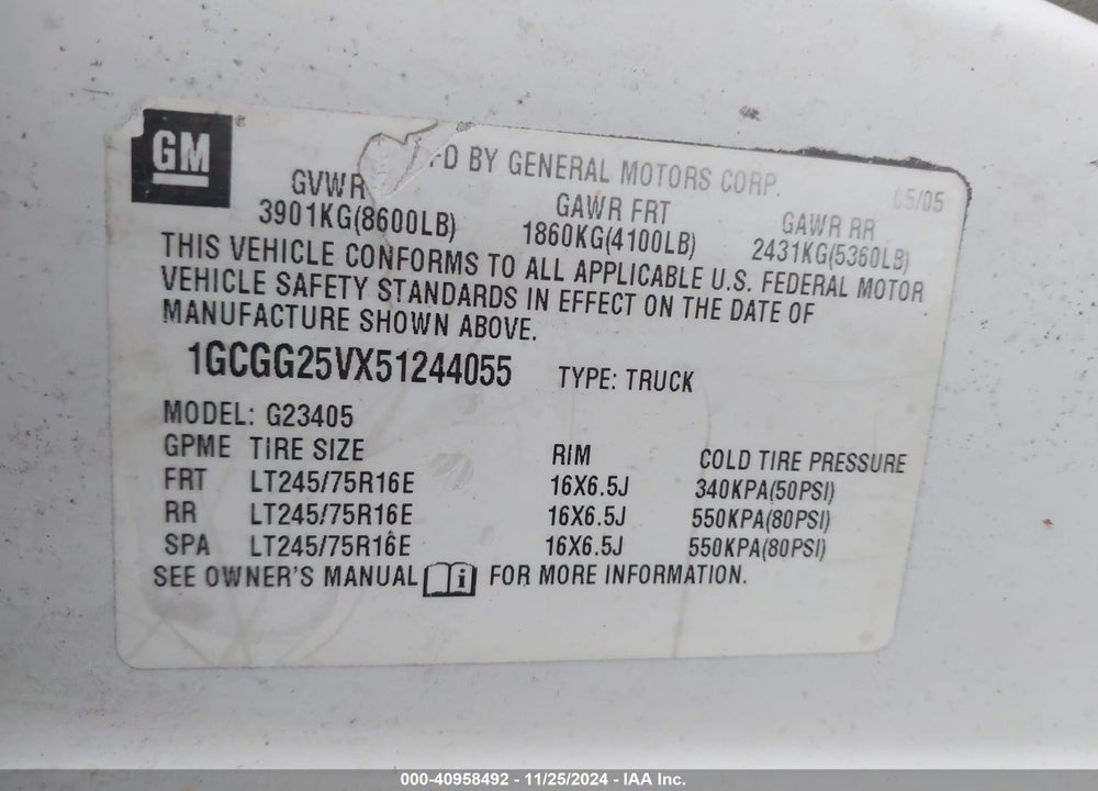 2005 CHEVROLET EXPRESS VIN: 1GCGG25VX51244055