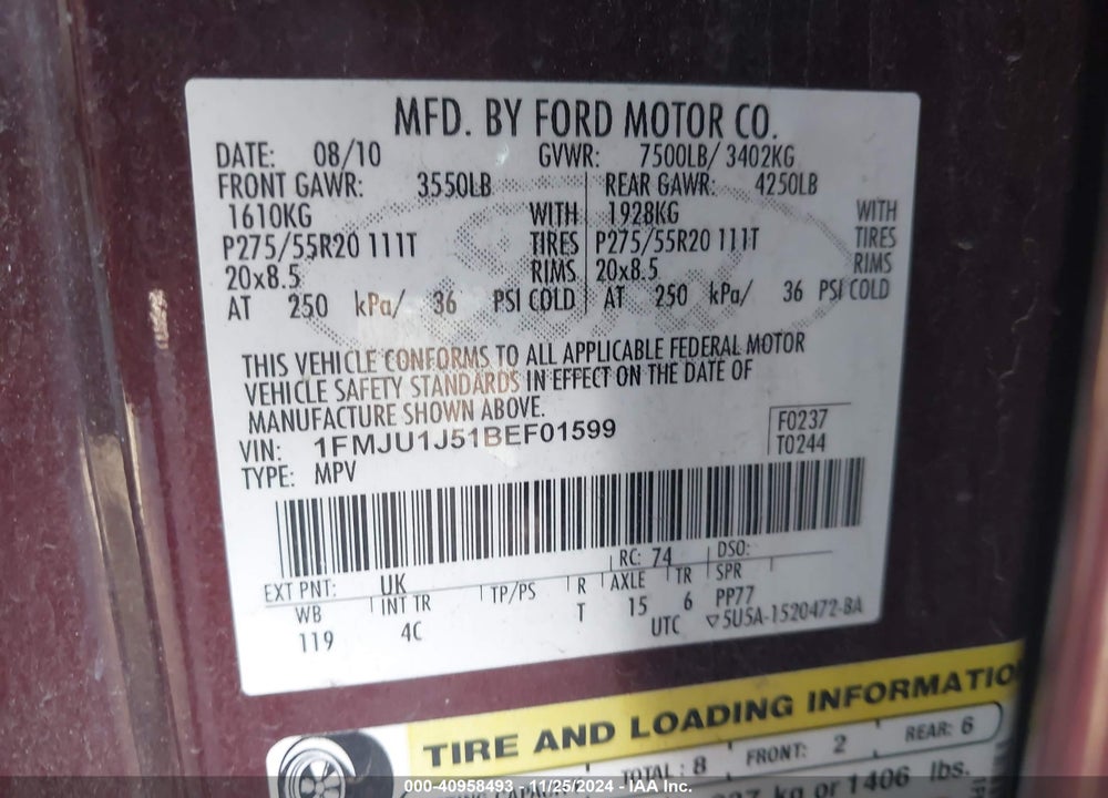 2011 FORD EXPEDITION XLT VIN: 1FMJU1J51BEF01599
