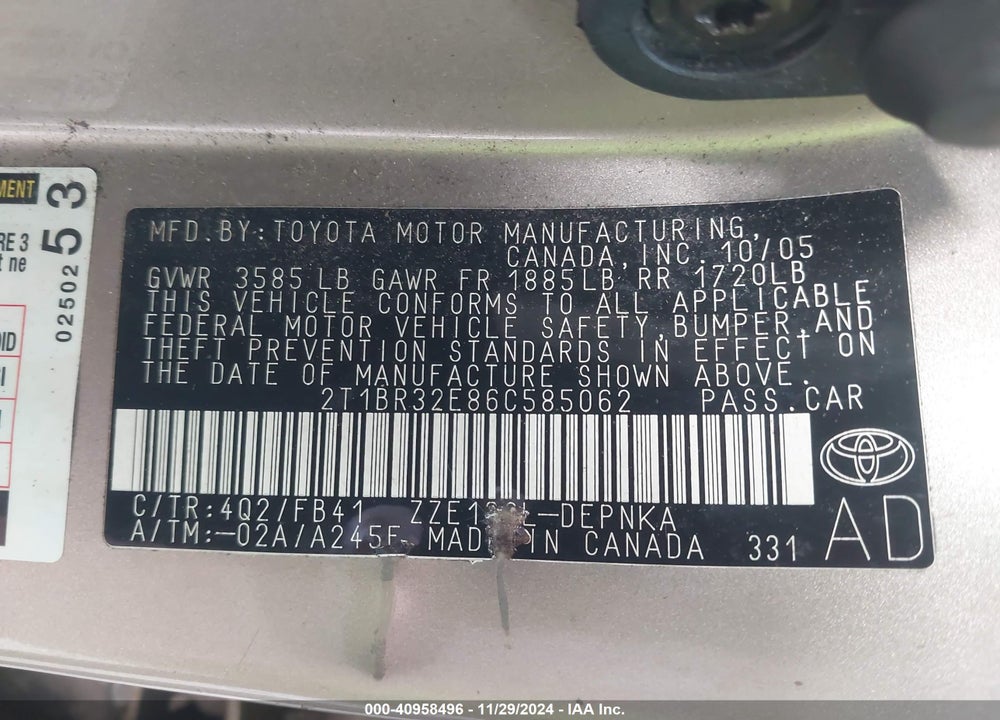 2006 TOYOTA COROLLA LE VIN: 2T1BR32E86C585062