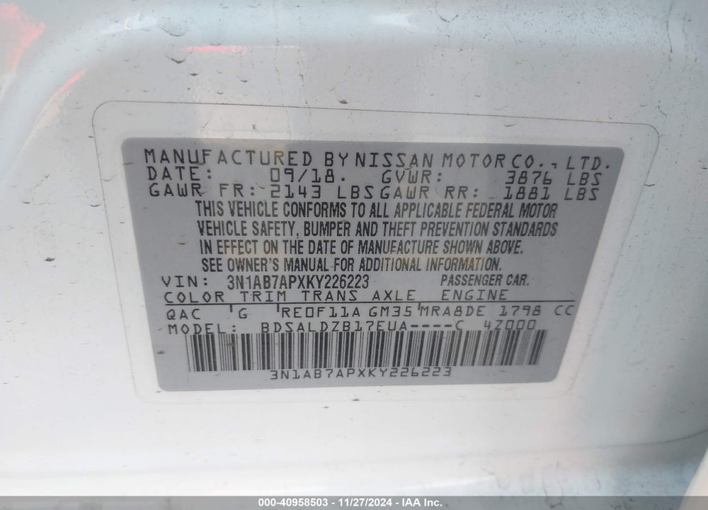 2019 NISSAN SENTRA SV VIN: 3N1AB7APXKY226223
