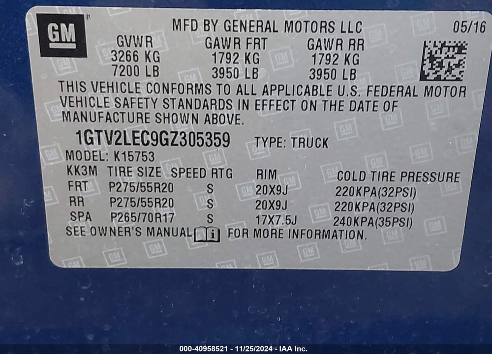 2016 GMC SIERRA 1500 VIN: 1GTV2LEC9GZ305359