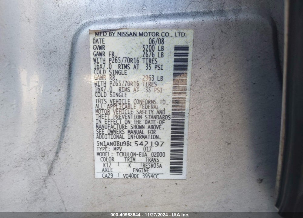 2008 NISSAN XTERRA X VIN: 5N1AN08U98C542197