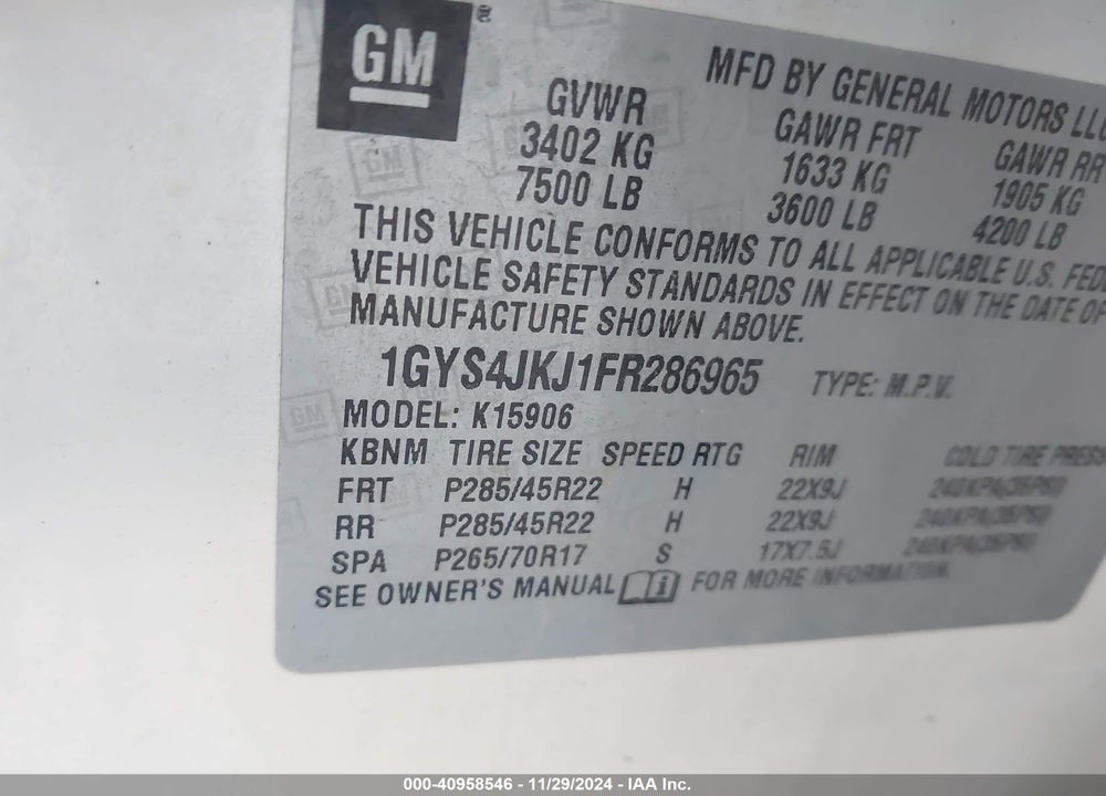 2015 CADILLAC ESCALADE ESV PREMIUM VIN: 1GYS4JKJ1FR286965