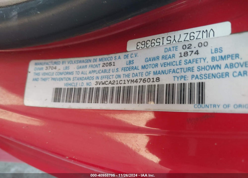 2000 VOLKSWAGEN NEW BEETLE GLS VIN: 3VWCA21C1YM476018