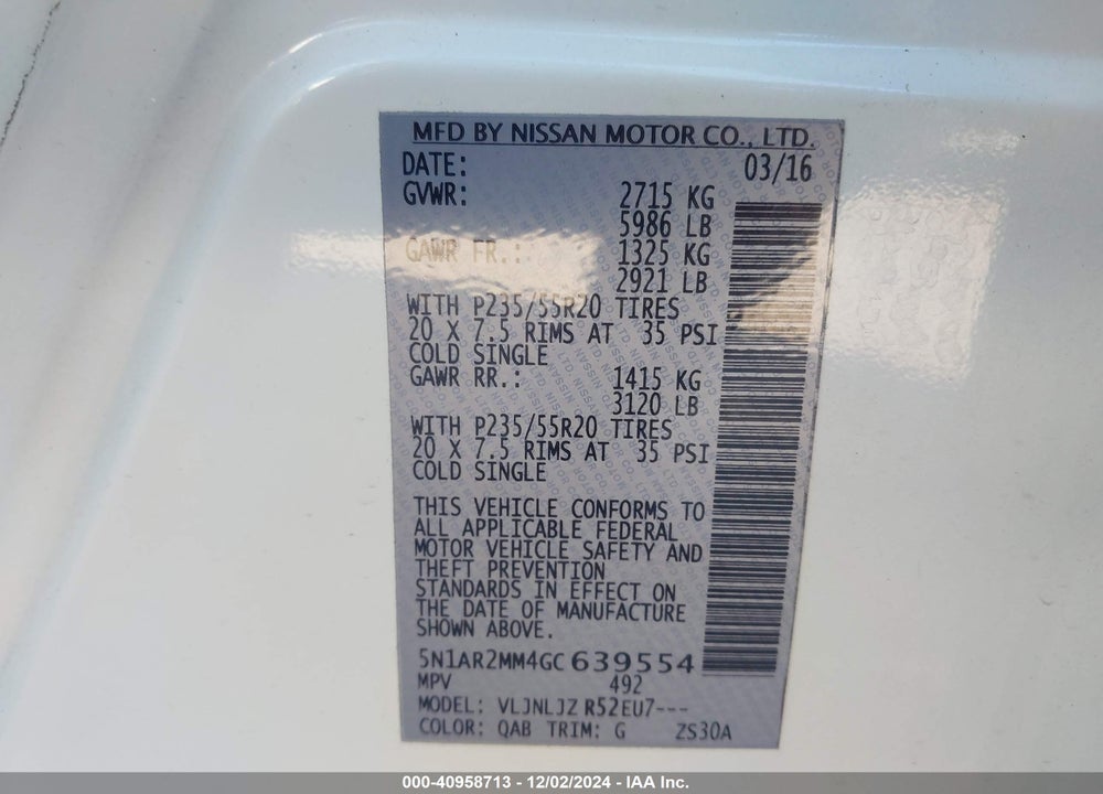 2016 NISSAN PATHFINDER PLATINUM VIN: 5N1AR2MM4GC639554
