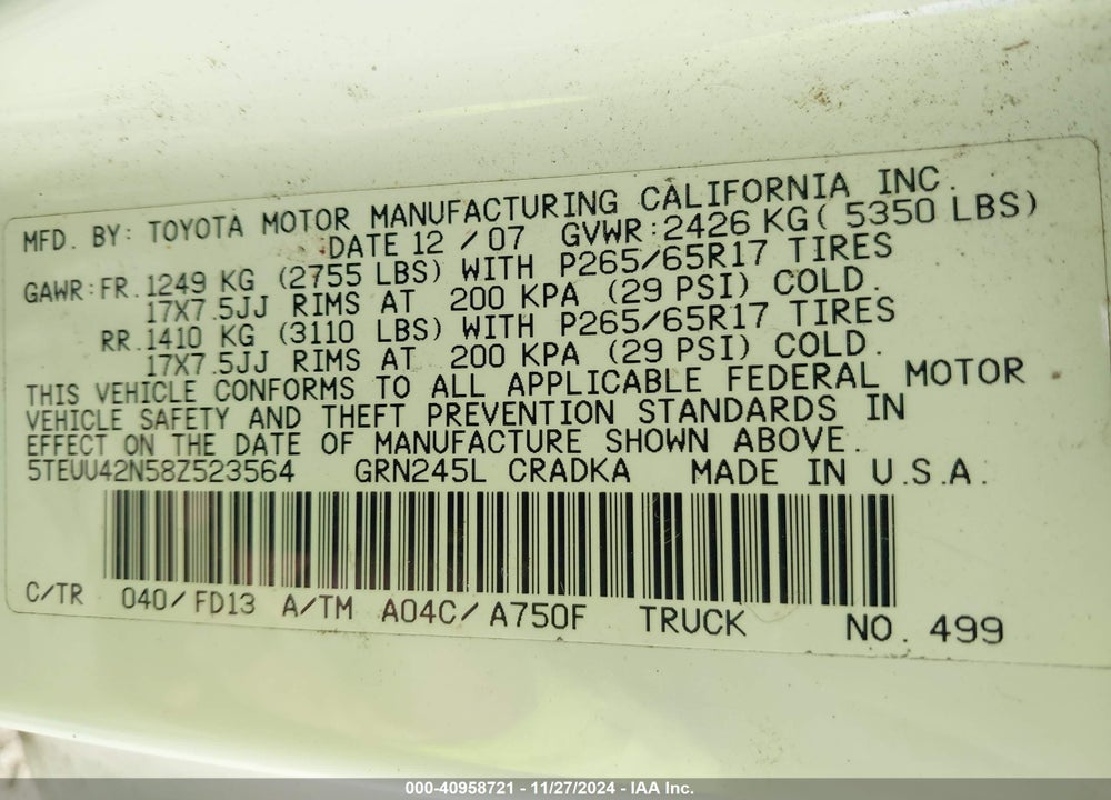 2008 TOYOTA TACOMA ACCESS CAB VIN: 5TEUU42N58Z523564