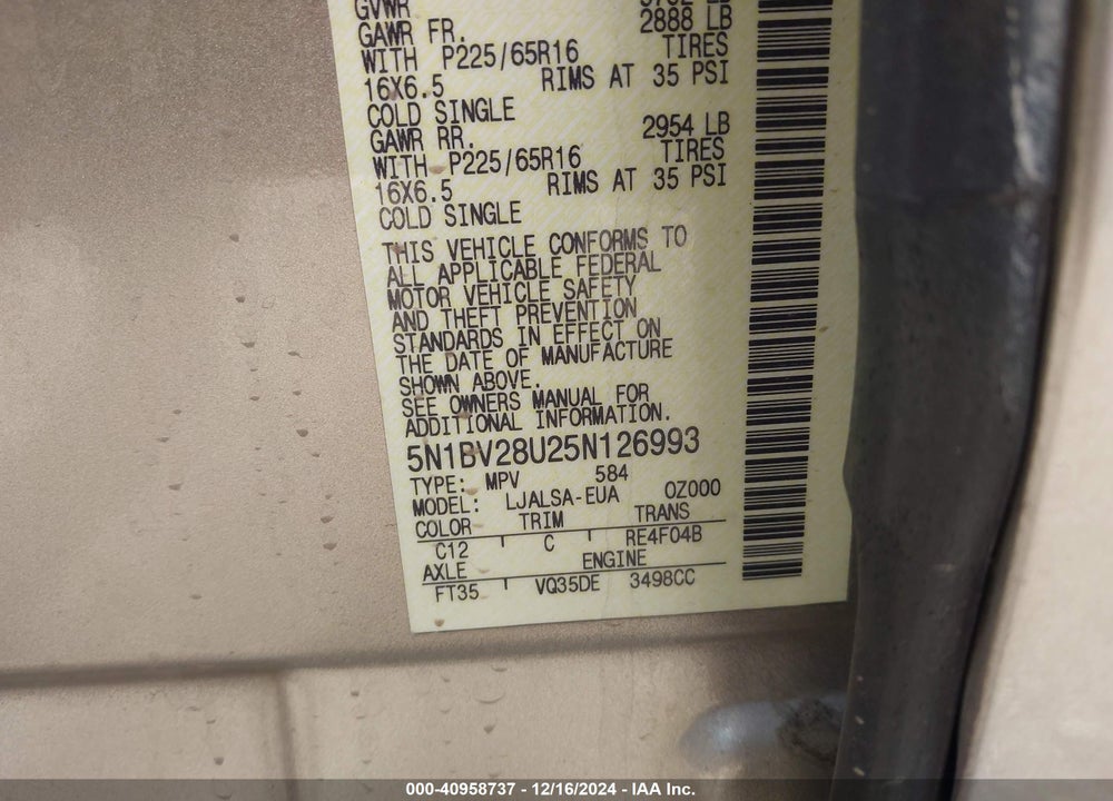 2005 NISSAN QUEST 3.5 VIN: 5N1BV28U25N126993