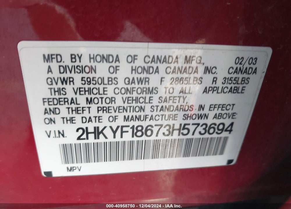 2003 HONDA PILOT EX-L VIN: 2HKYF18673H573694