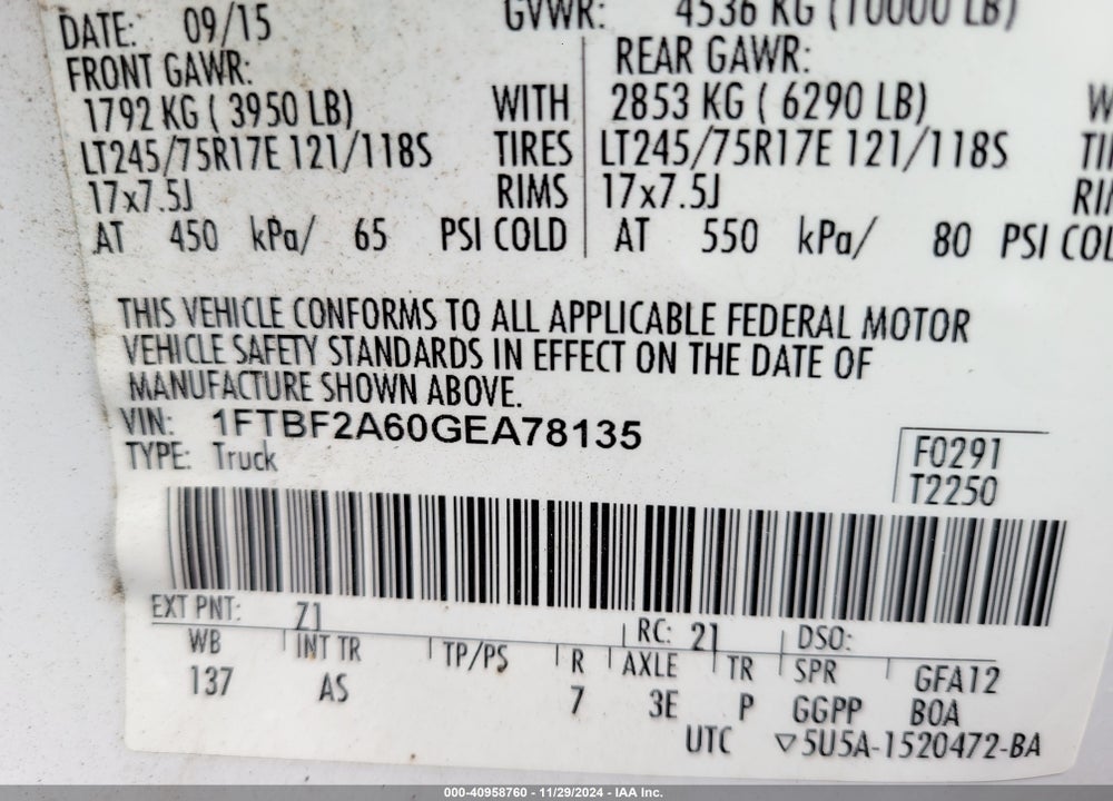 2016 FORD F250 SUPER DUTY VIN: 1FTBF2A60GEA78135